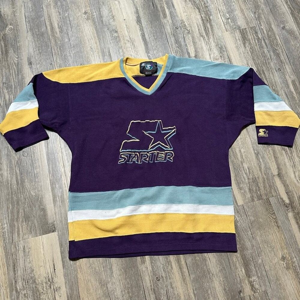 Vintage Starter S2 Knit Shirt Jersey Color Block Purple Yellow Hockey 90s Y2K